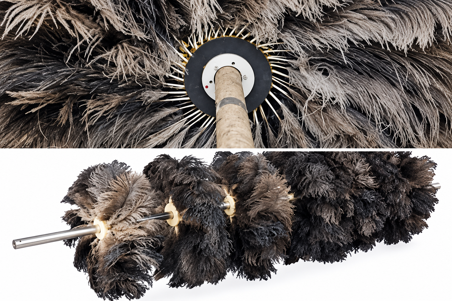 Ostrich feather brush core detail and complete roller assembly