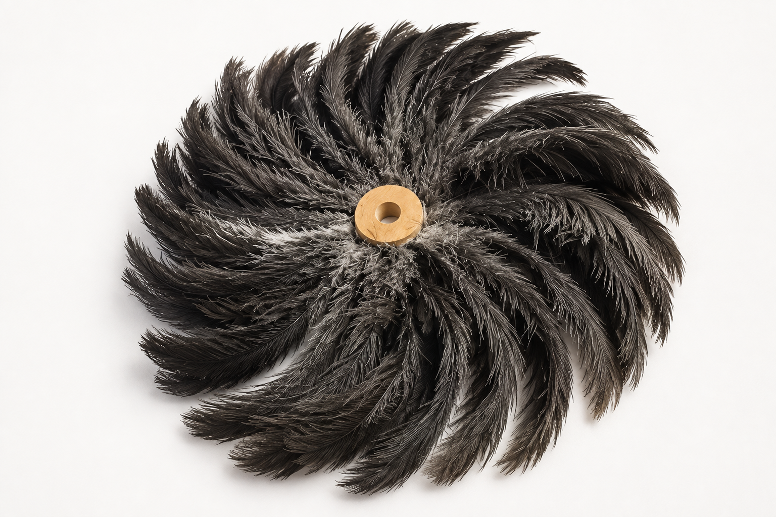 Custom ostrich feather brush ring with a wooden core