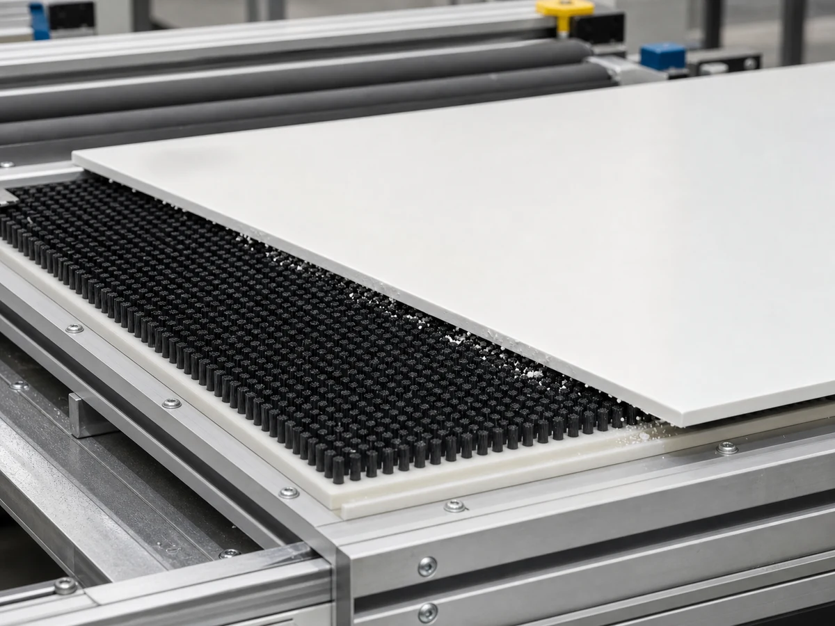 Fixed panel brush used for light surface cleaning on passing products or panels