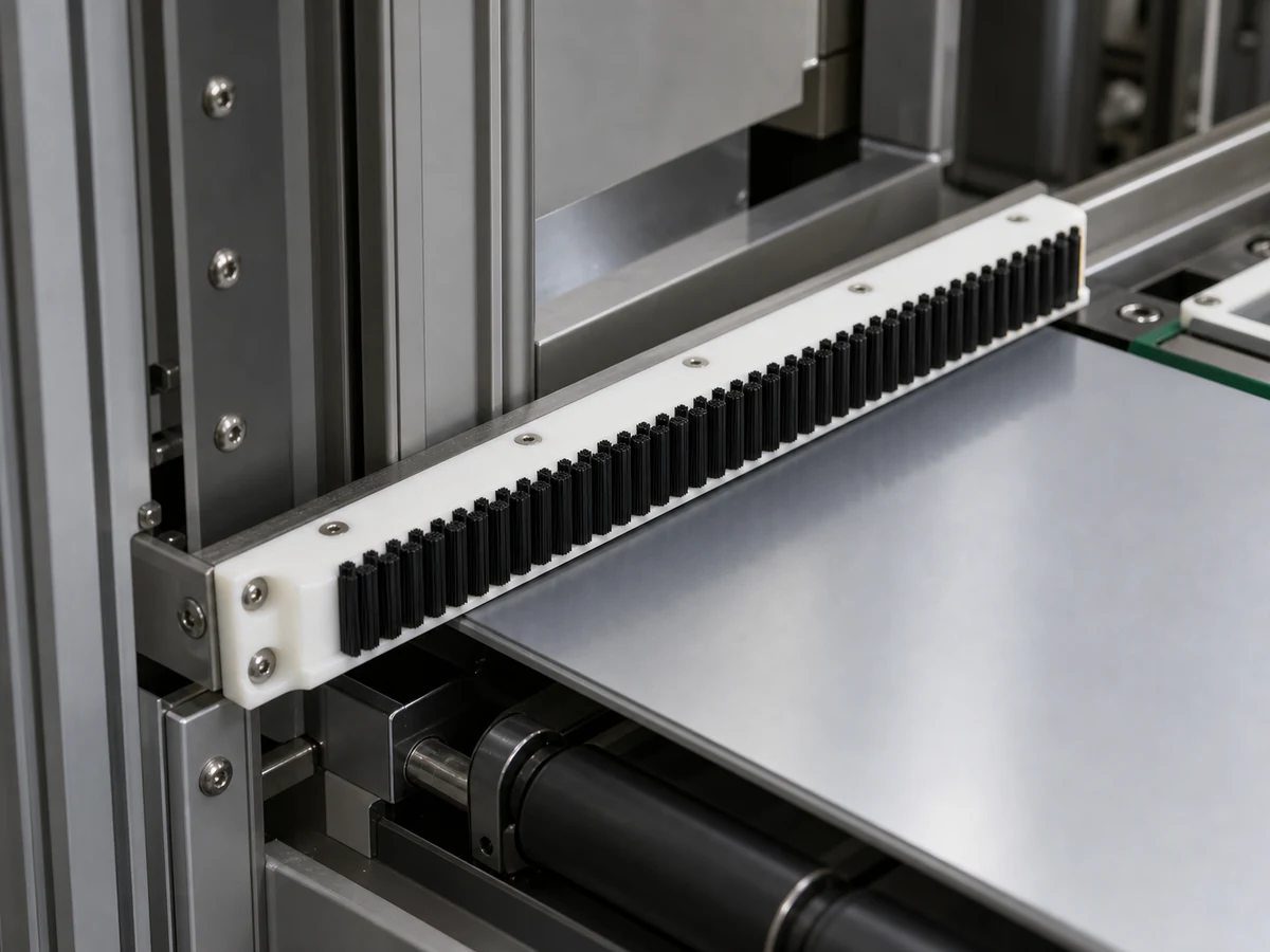 Panel brush used for sealing support and controlled edge contact on machinery