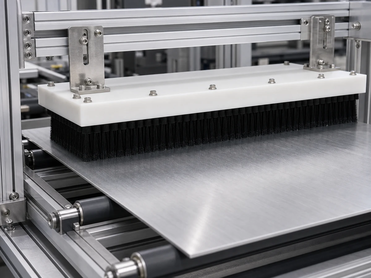 Panel brush used for wiping loose residue and controlling dust on industrial equipment