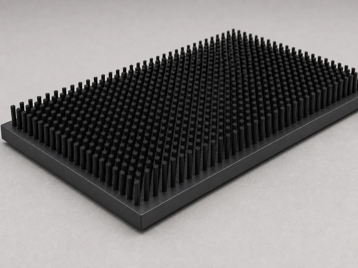 Flat mounted panel brush used for broad fixed surface contact and wiping duty