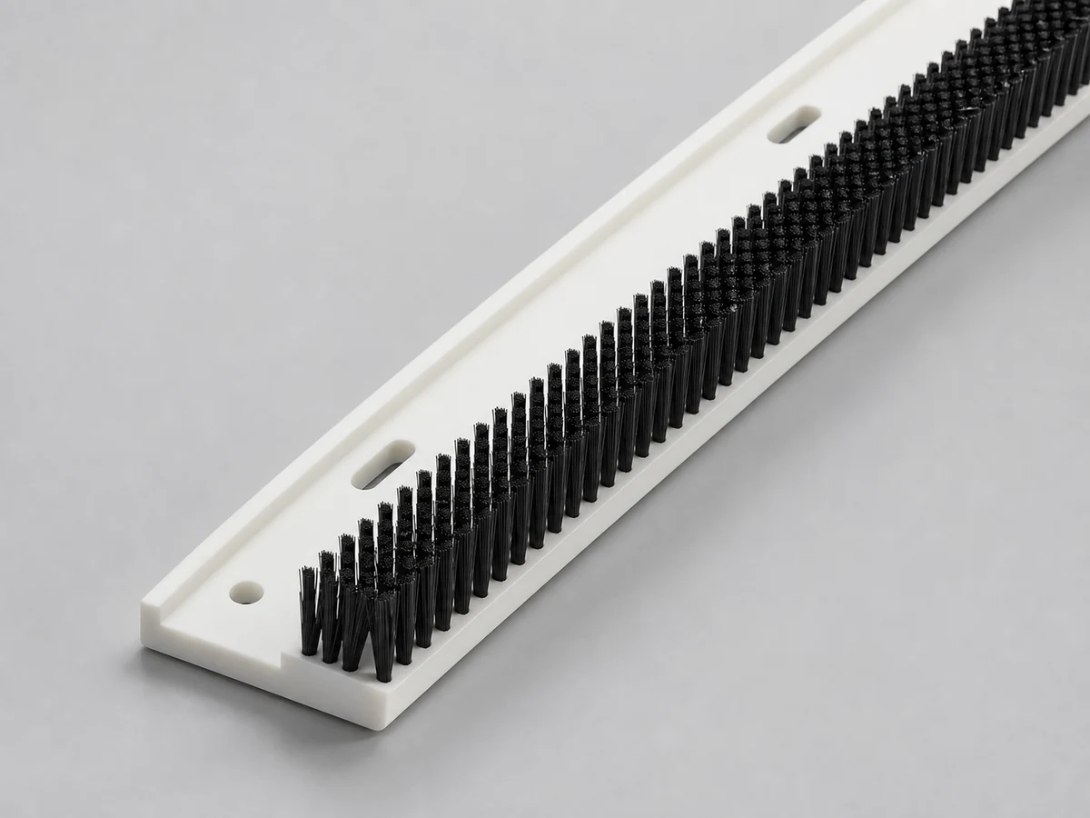 Mounted panel brush used for sealing support and product guidance on equipment edges