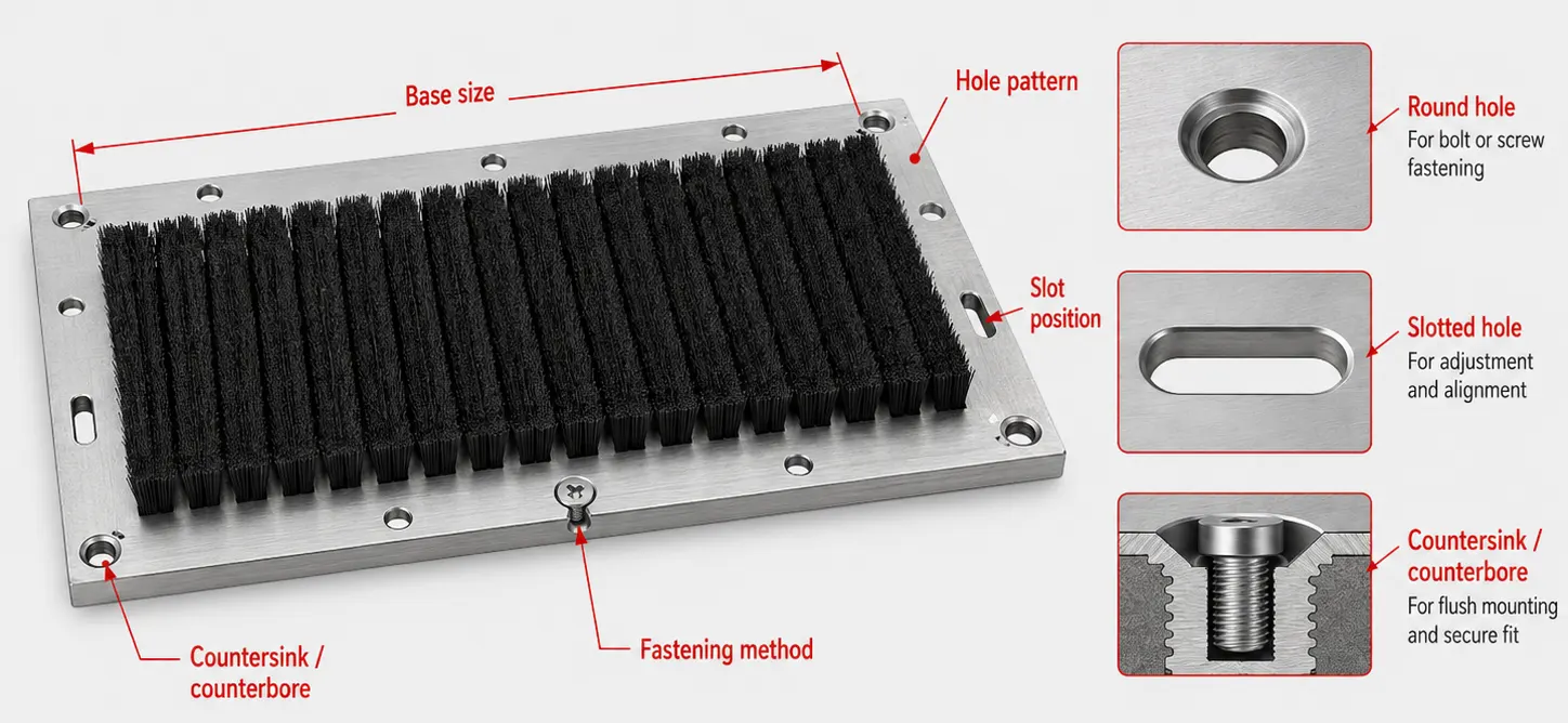Panel brush base and mounting detail showing fastening pattern and mounting geometry
