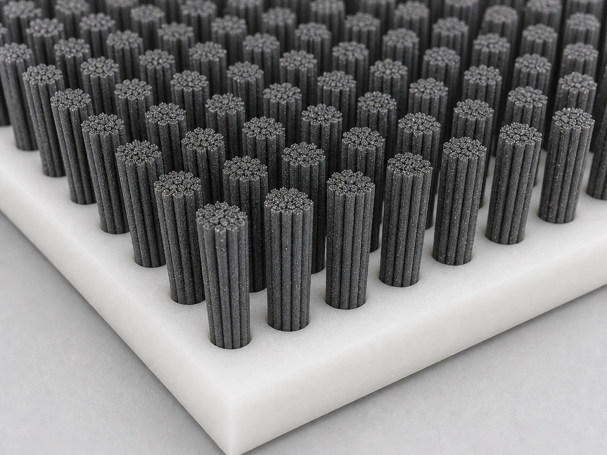 Abrasive nylon panel brush fill for light conditioning and controlled brushing action