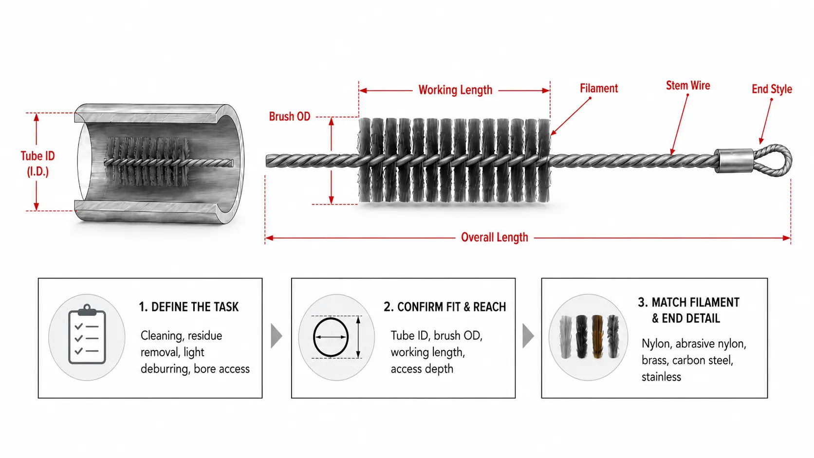 Pipe and tube brush build-to-order diagram showing tube ID, brush OD, working length, stem wire, filament, and end style