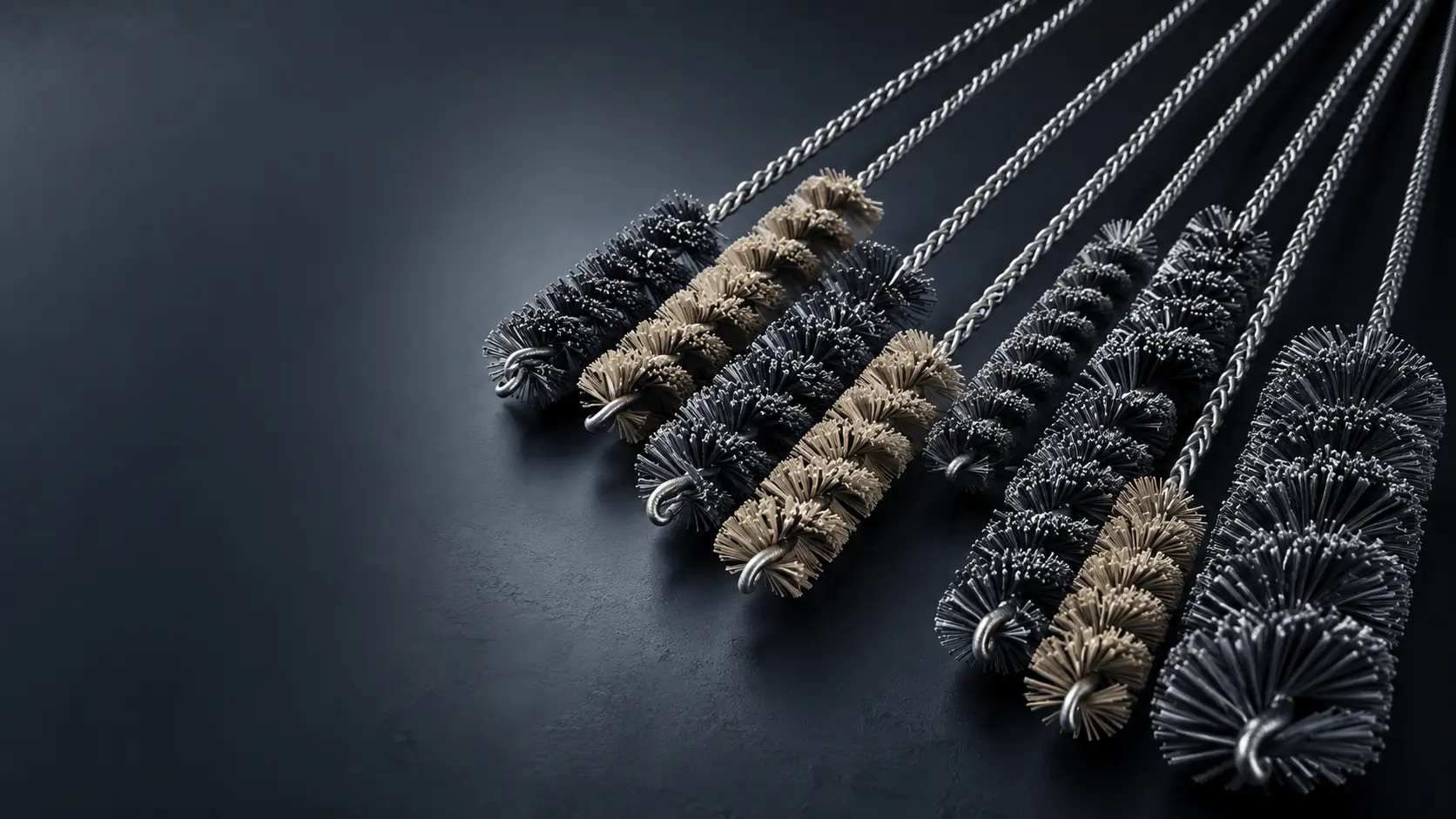 Custom pipe and tube brushes arranged for industrial internal cleaning and bore access applications