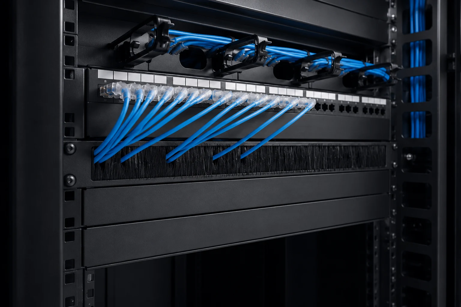 Rack brush panel mounted in a data center enclosure with cables passing through