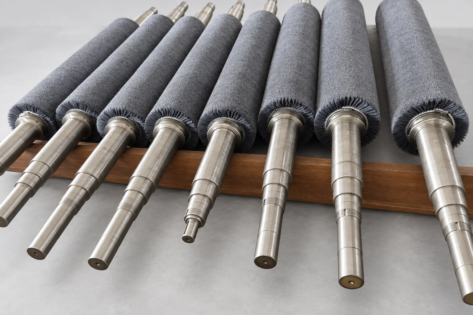 Custom abrasive filament brush rollers with machined metal shafts arranged in a row