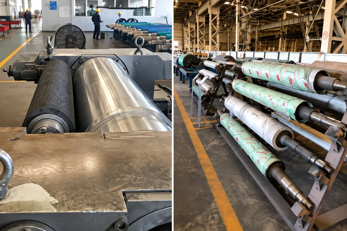 Two project views showing a dark brush roller beside a polished metal roller and other rollers on a rack