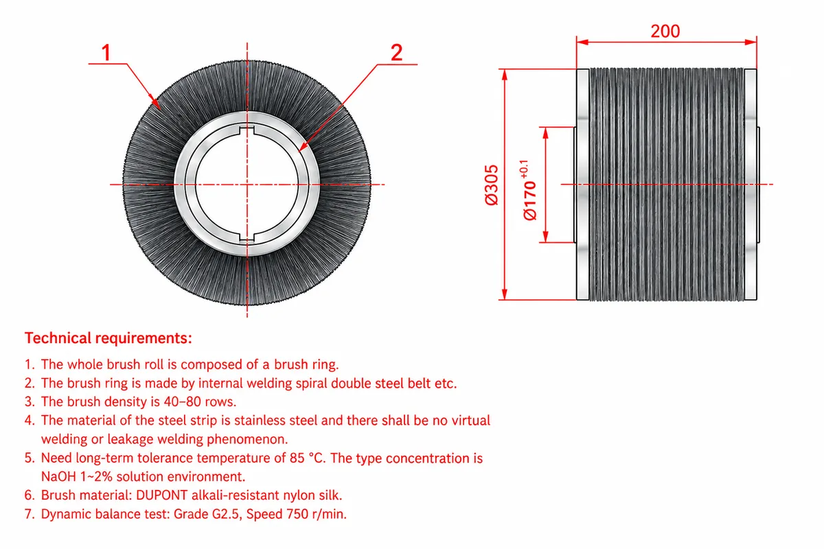 Technical drawing of a 305 mm outside diameter and 170 mm inside diameter ECL spiral brush section