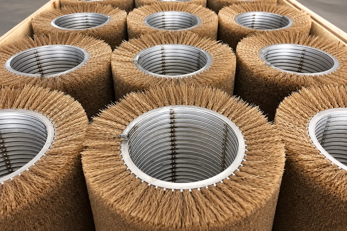 Close view of brown PA66 filament and the inner-welded spiral strip inside ECL roller brush sections