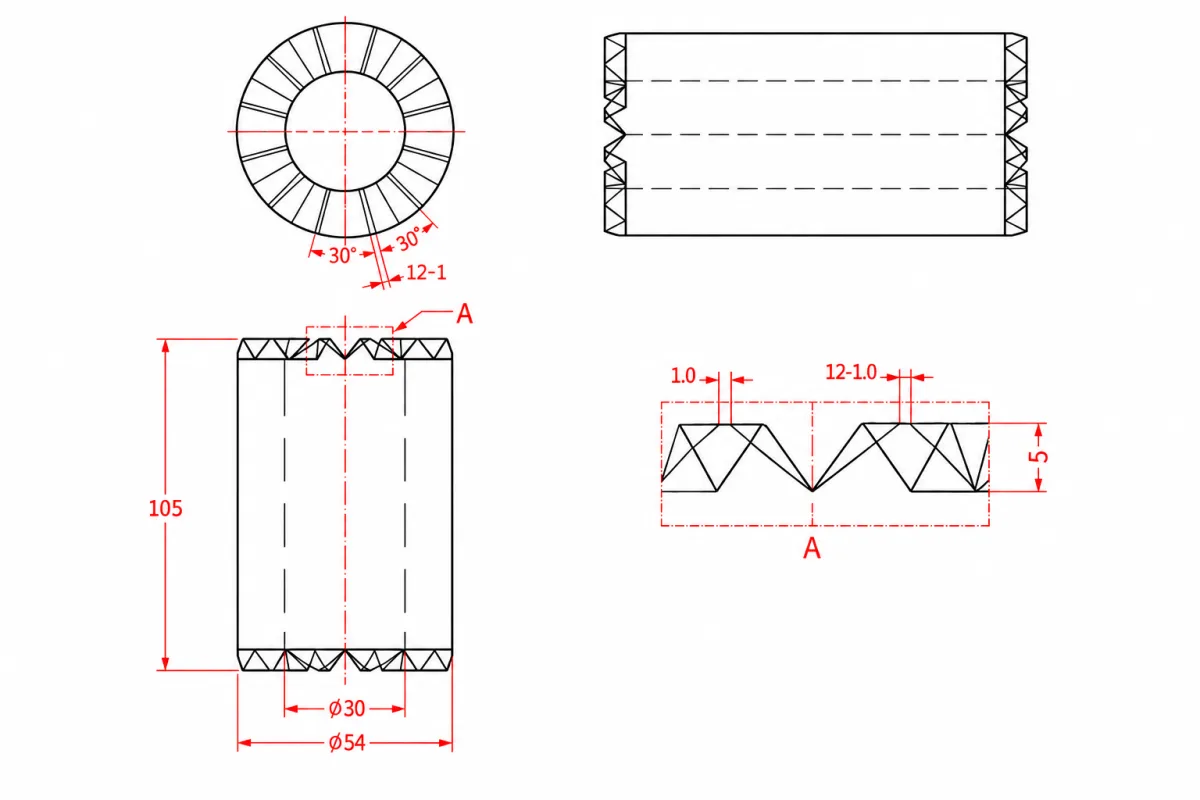 12-tooth zig-zag segment-body drawing showing a 30 mm bore, 54 mm body diameter, 105 mm overall length and 5 mm tooth height