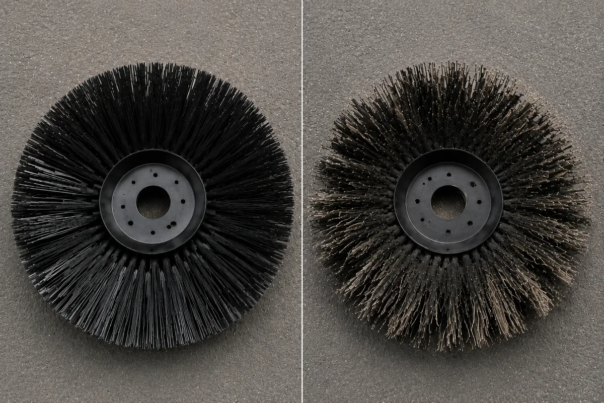 New side sweeper brush compared with a worn brush showing shortened and uneven bristles