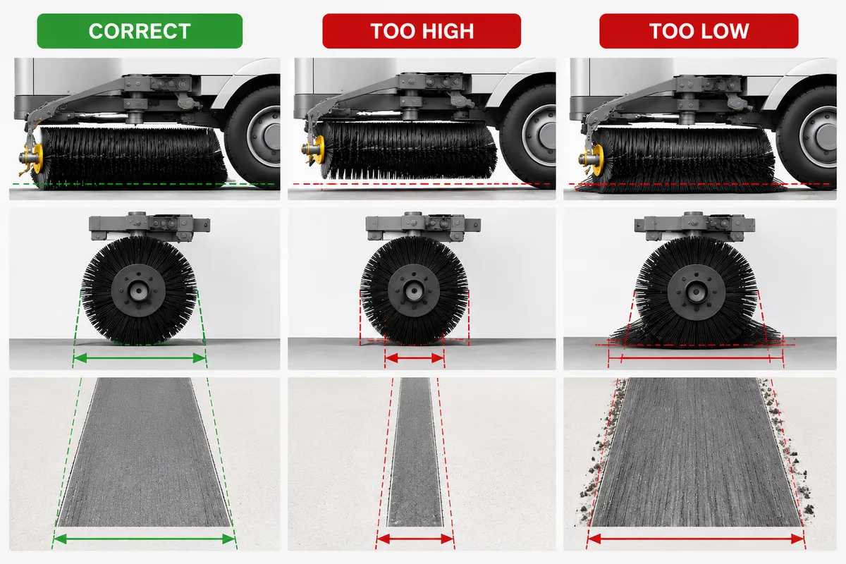 Street sweeper main brush contact pattern comparison showing correct, too high, and too low brush settings