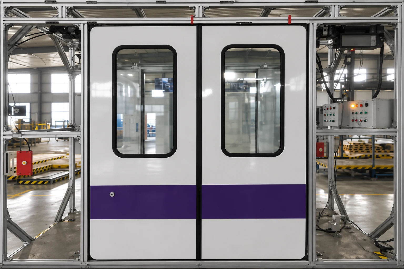 Railway and metro train passenger door assembly in a manufacturing workshop