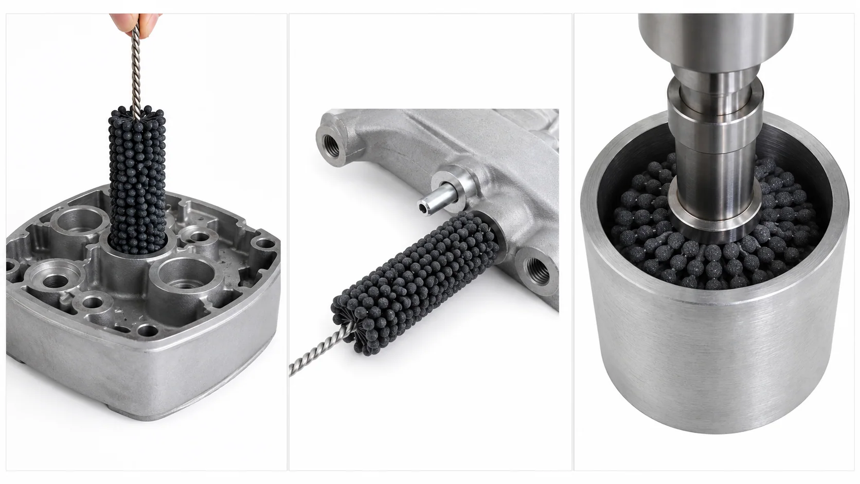 Ball-type honing brush applications for cylinders, hydraulic bores, brake components, valve bodies and sleeves