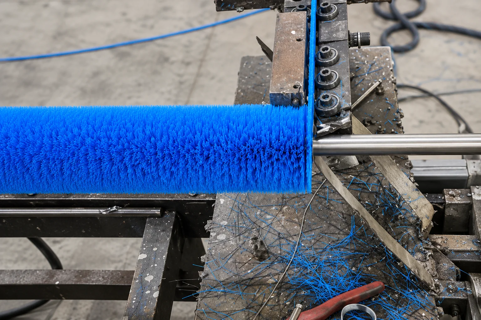 Blue spiral roller brush being wound onto a metal shaft during manufacture