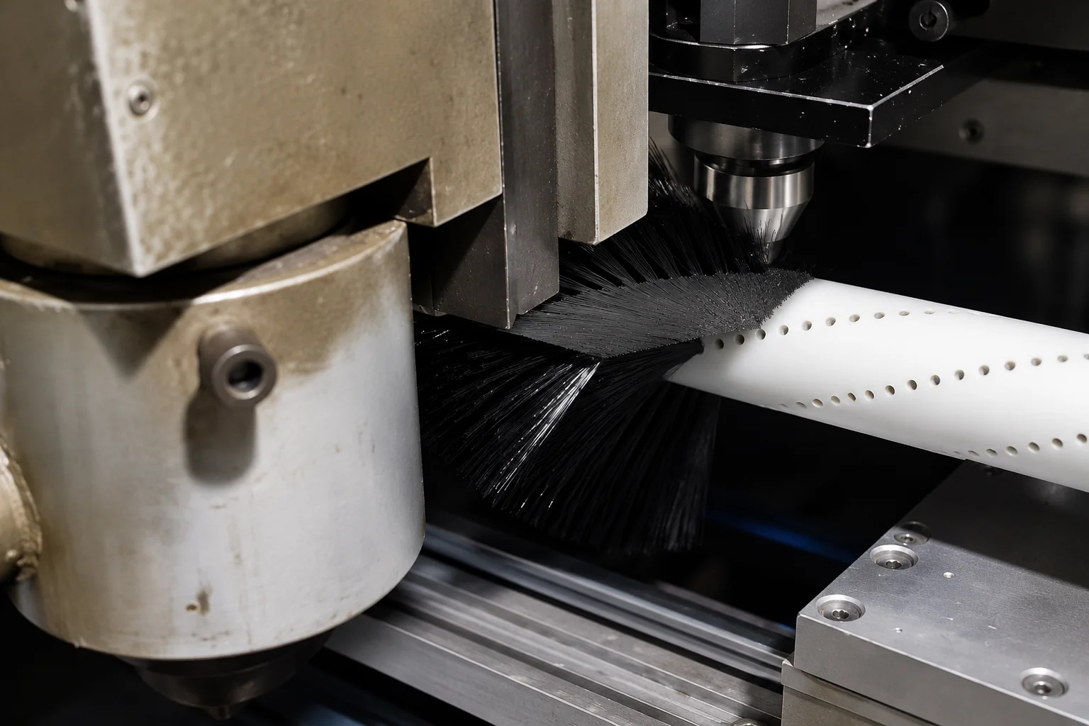 Tufting machine inserting black filament bundles into a drilled white roller brush core