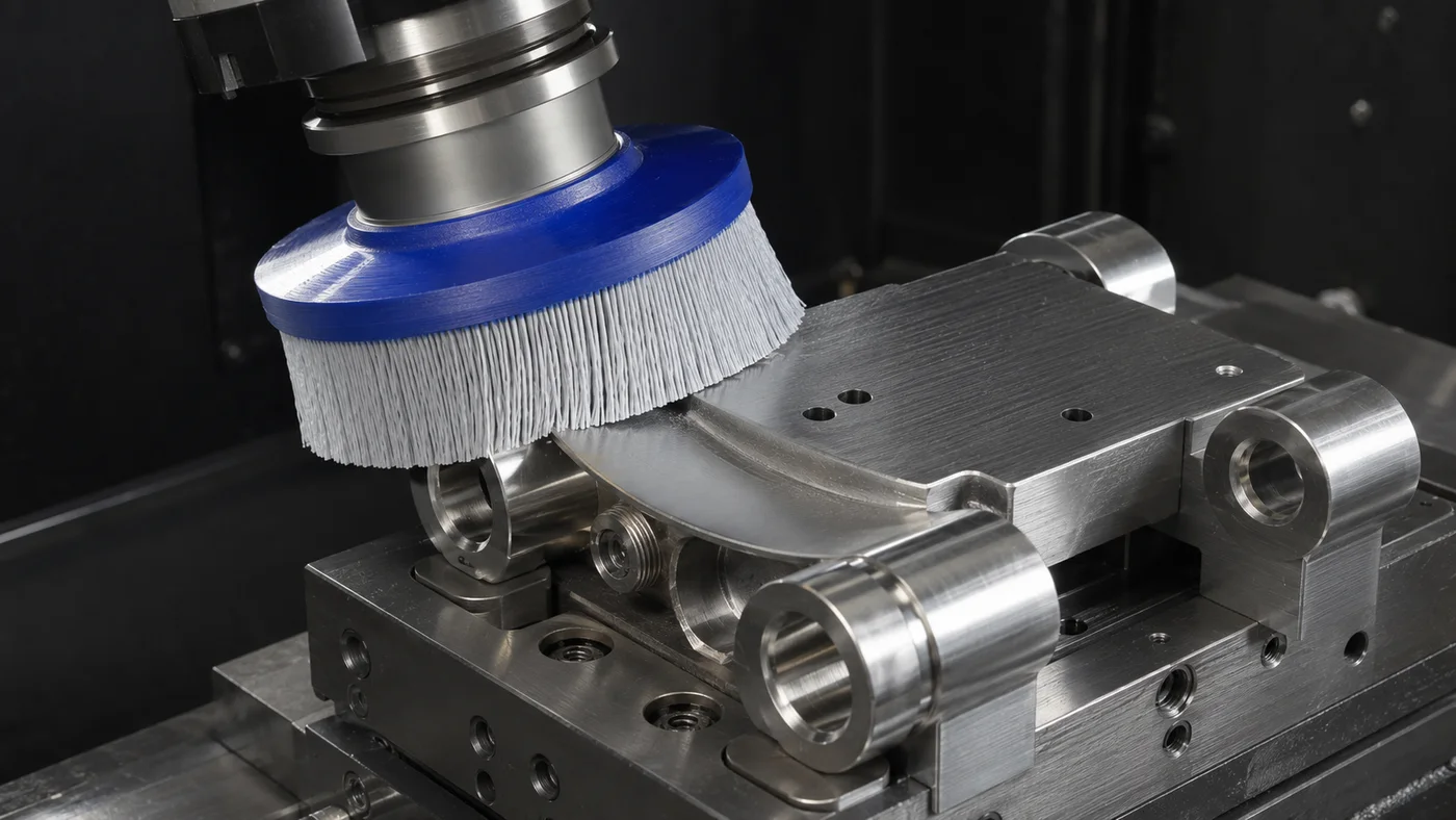 Abrasive brush edge radiusing on a machined metal component