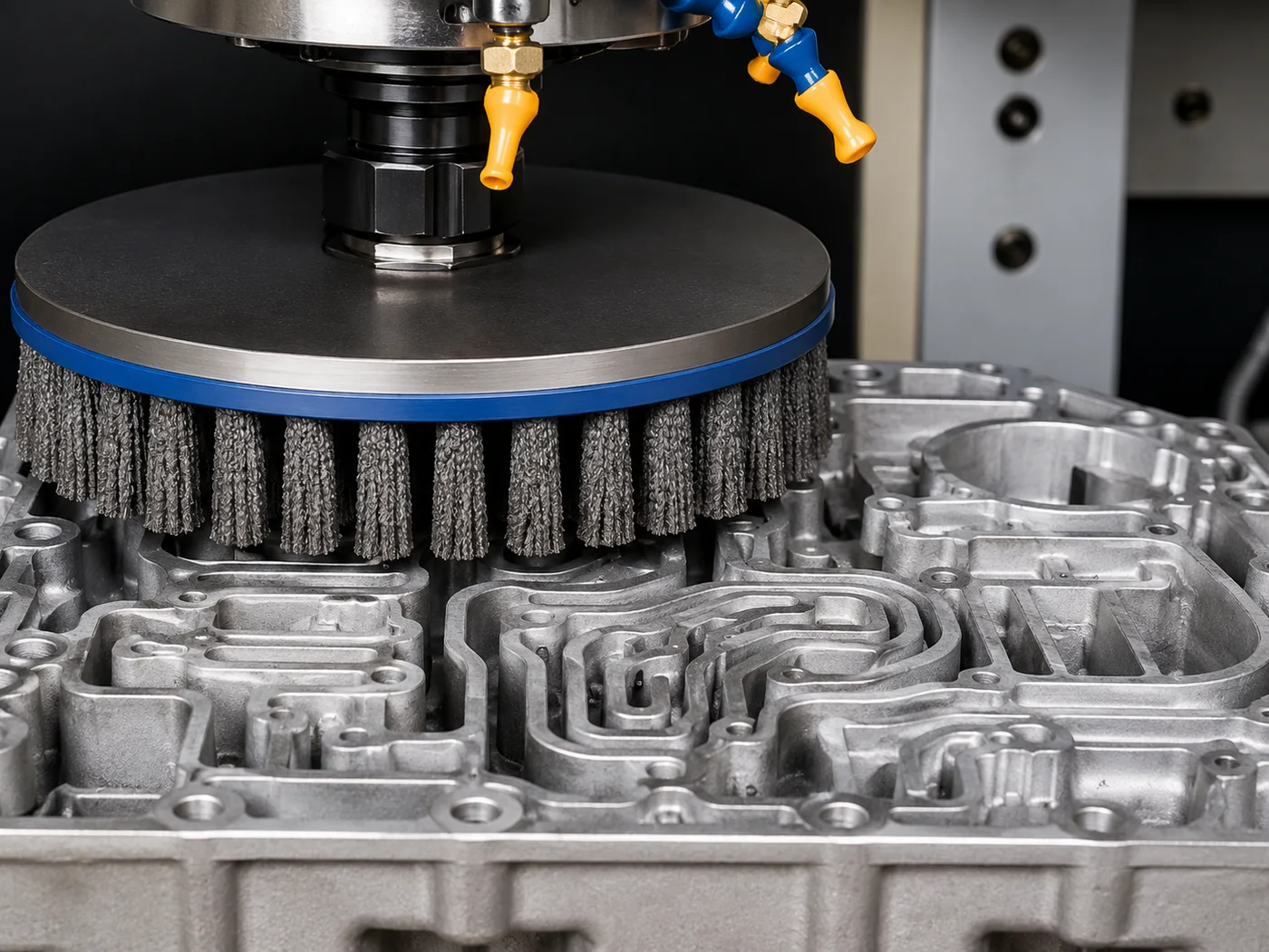 Abrasive disc brush deburring a machined aluminum casting