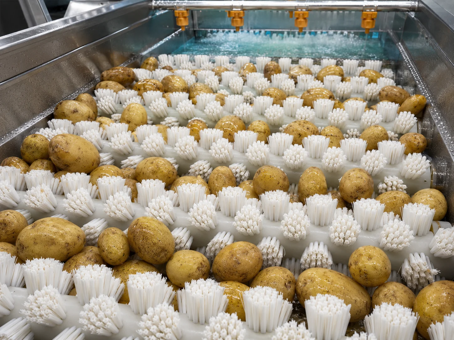 Cylinder brushes washing food and produce on processing equipment