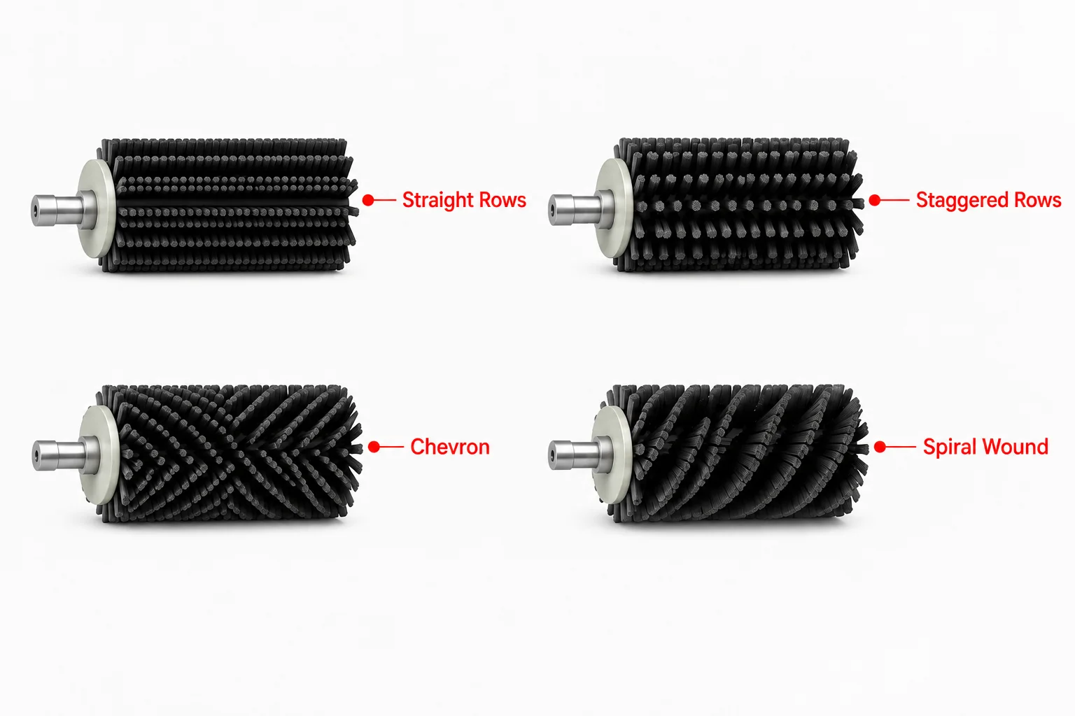 Cylinder brush fill patterns including straight rows, staggered rows, chevron, and spiral wound layouts