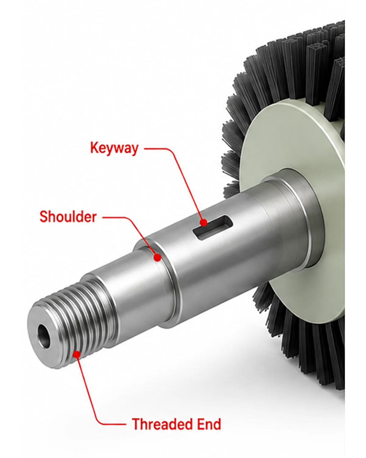 Cylinder brush shaft or arbor detail with keyway, shoulder, and threaded end