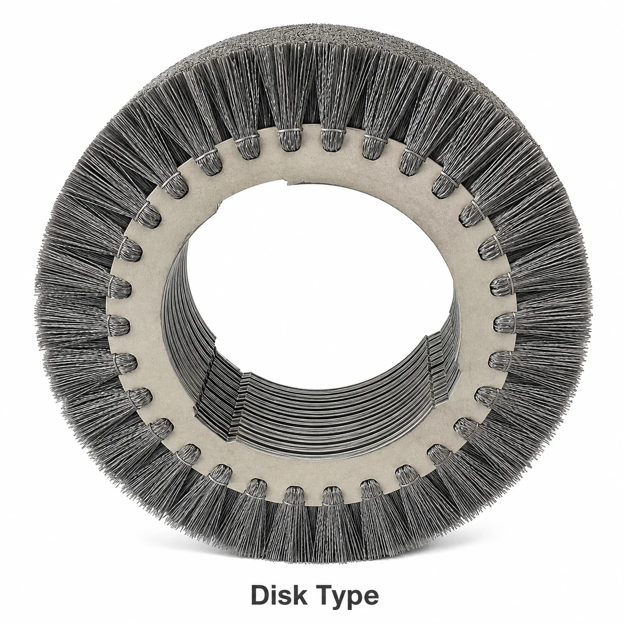 Disc-type spiral cylinder brush roll assembled from stacked brush discs