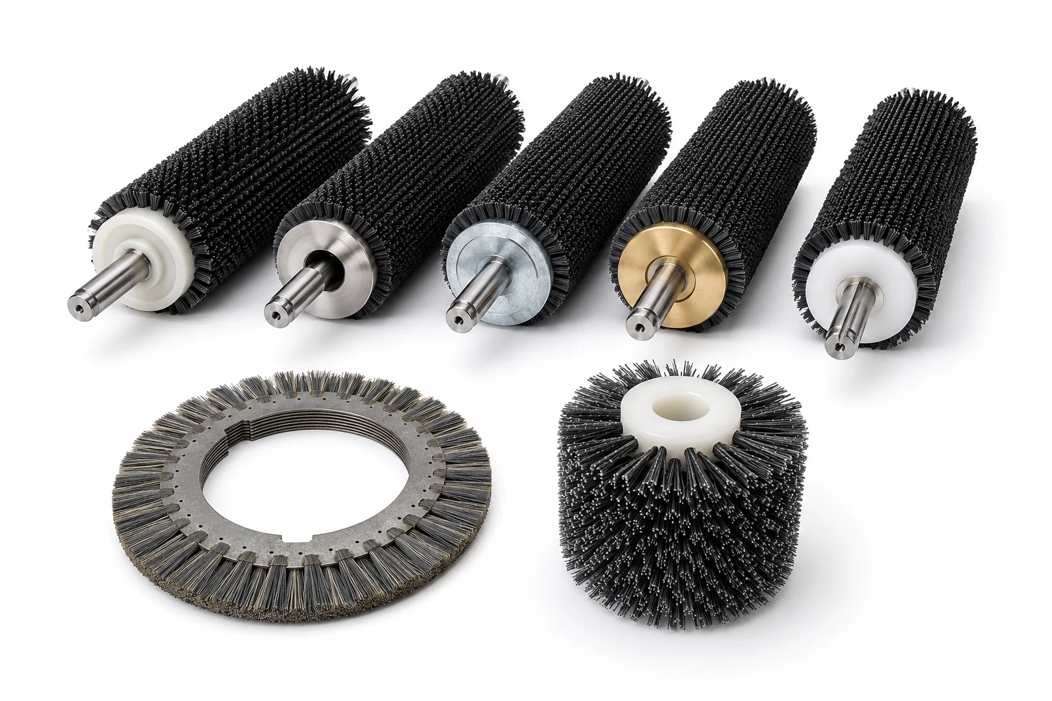 Brass, stainless steel, and engineered plastic core and body material options for cylinder brushes