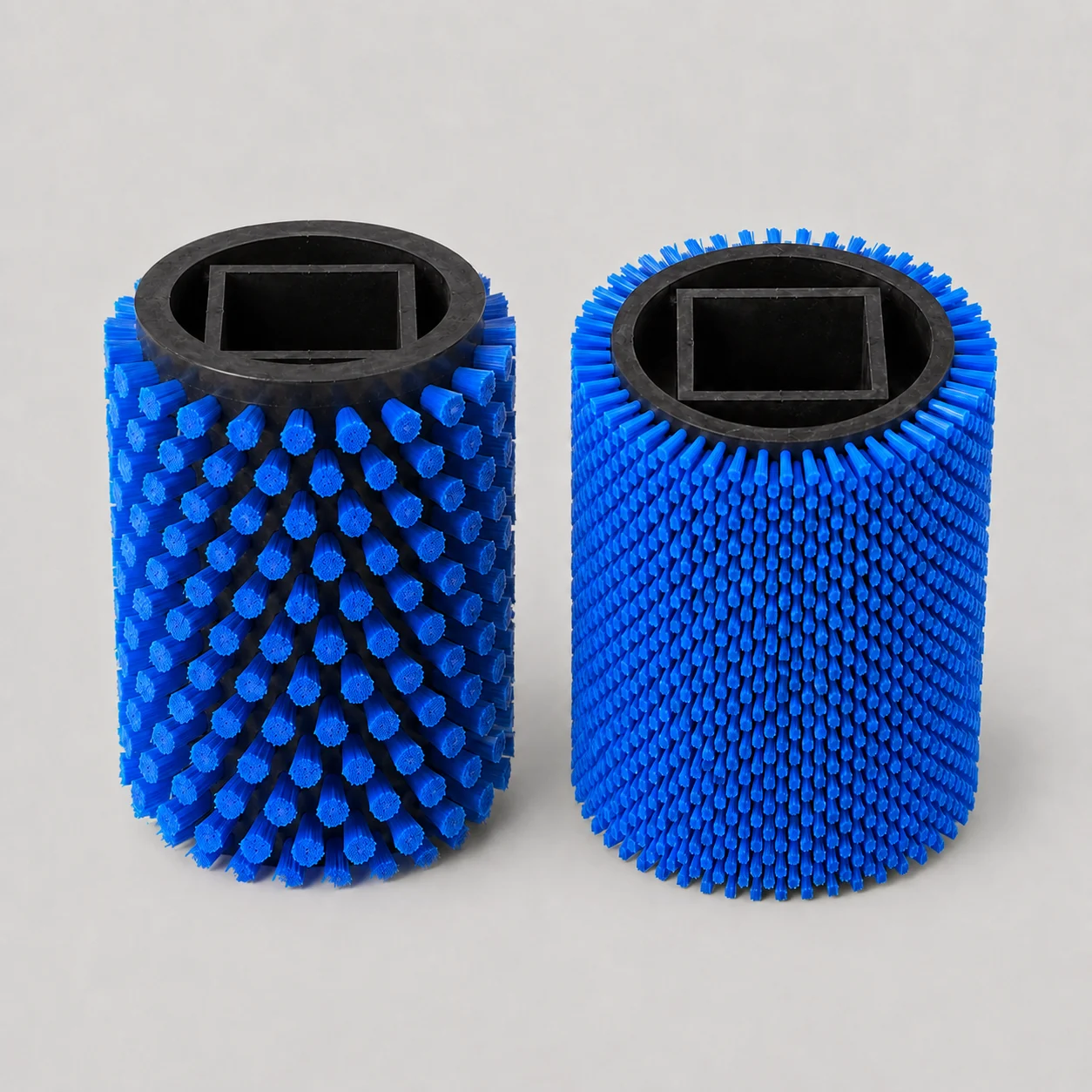 Square-core modular roller brush sections with dense filament fill