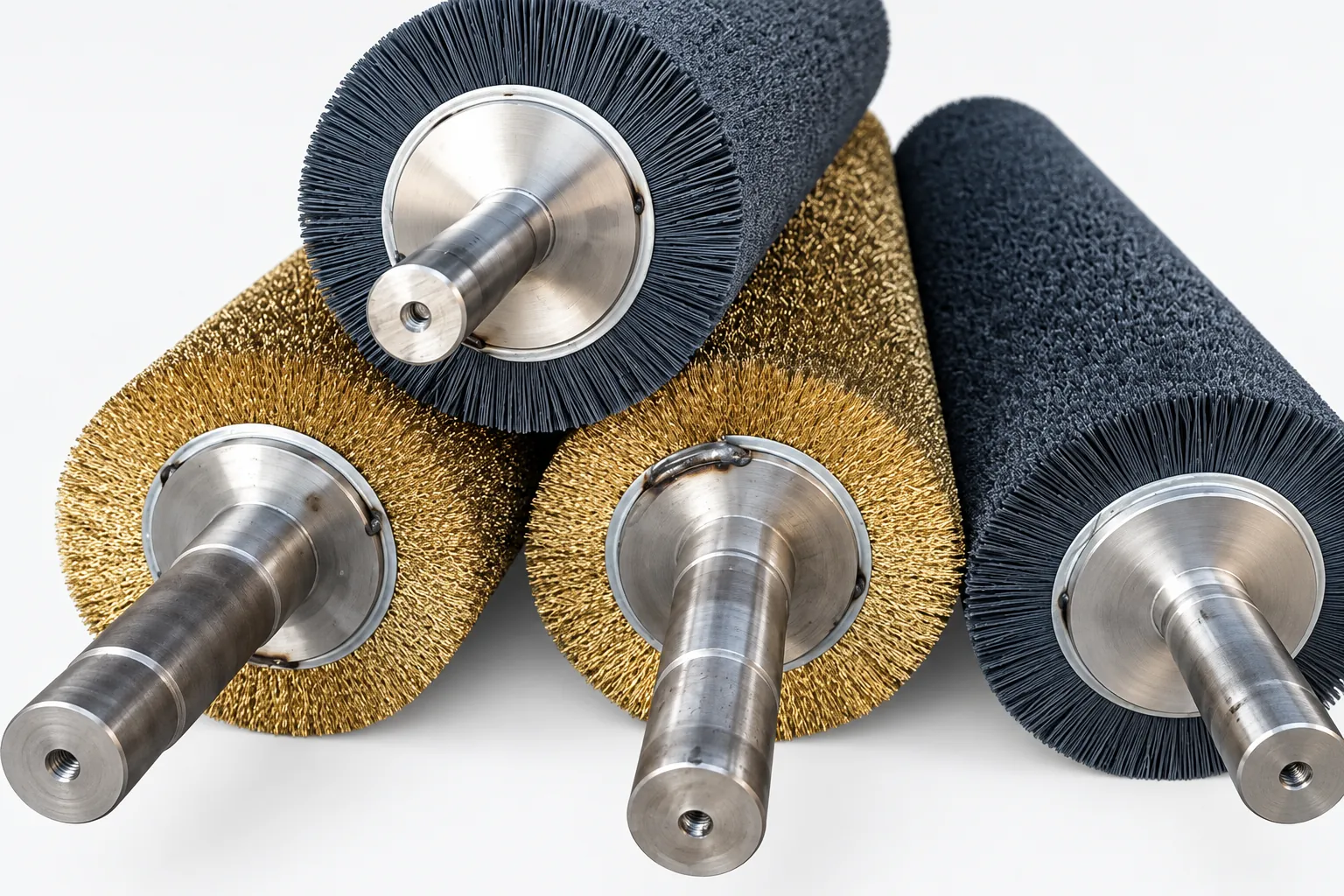 Steel and stainless steel wire cylinder brush rollers with machined metal shafts