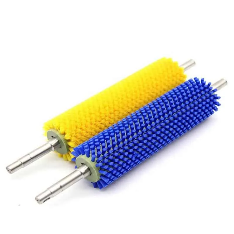 Tufted cylindrical roller brushes with colored filaments and steel shafts