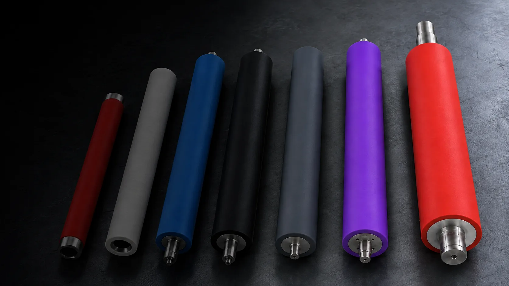 Finished custom rubber covered rollers with different working surfaces and shaft details