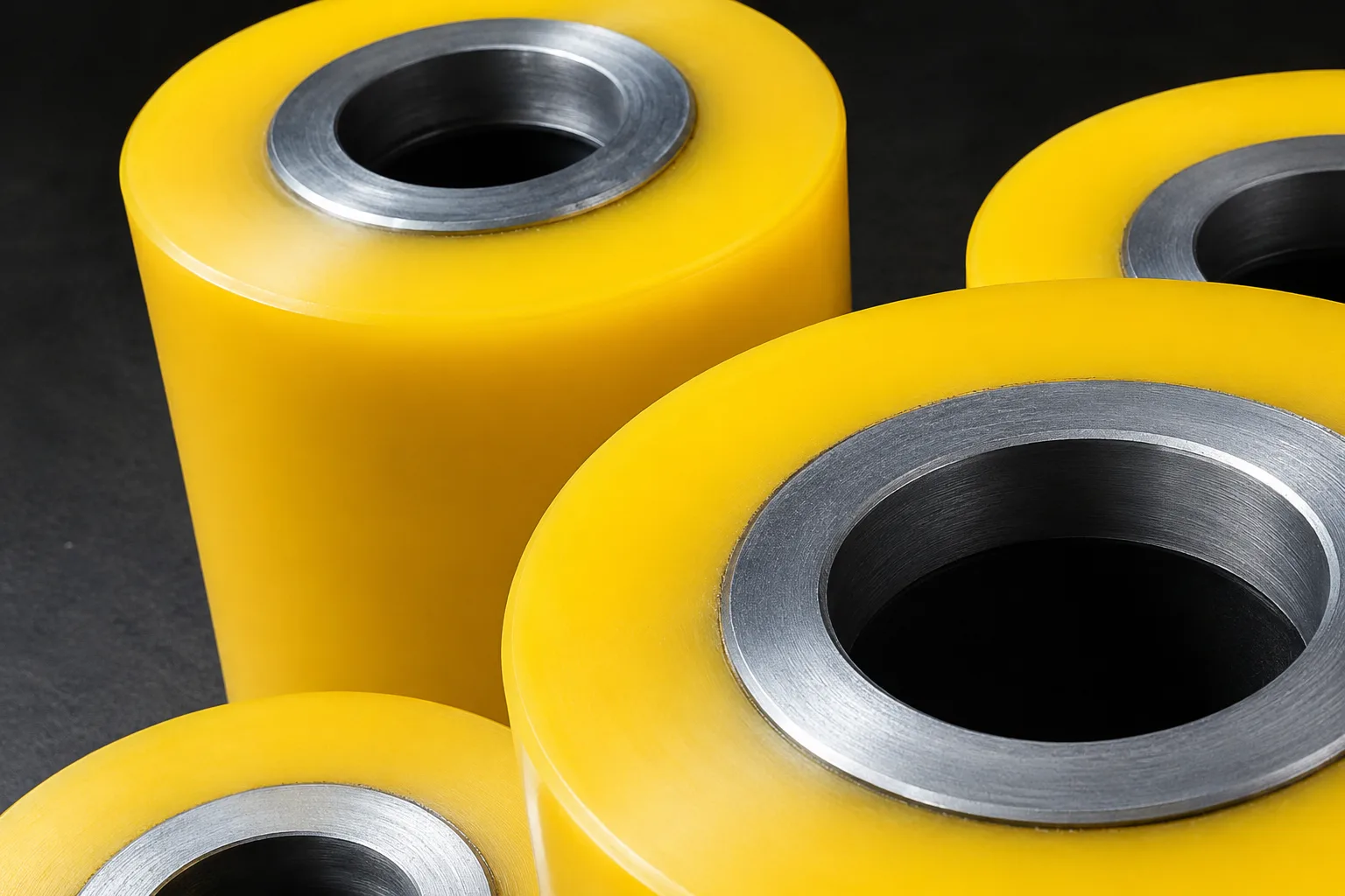 Polyurethane covered roller for abrasion-resistant industrial contact