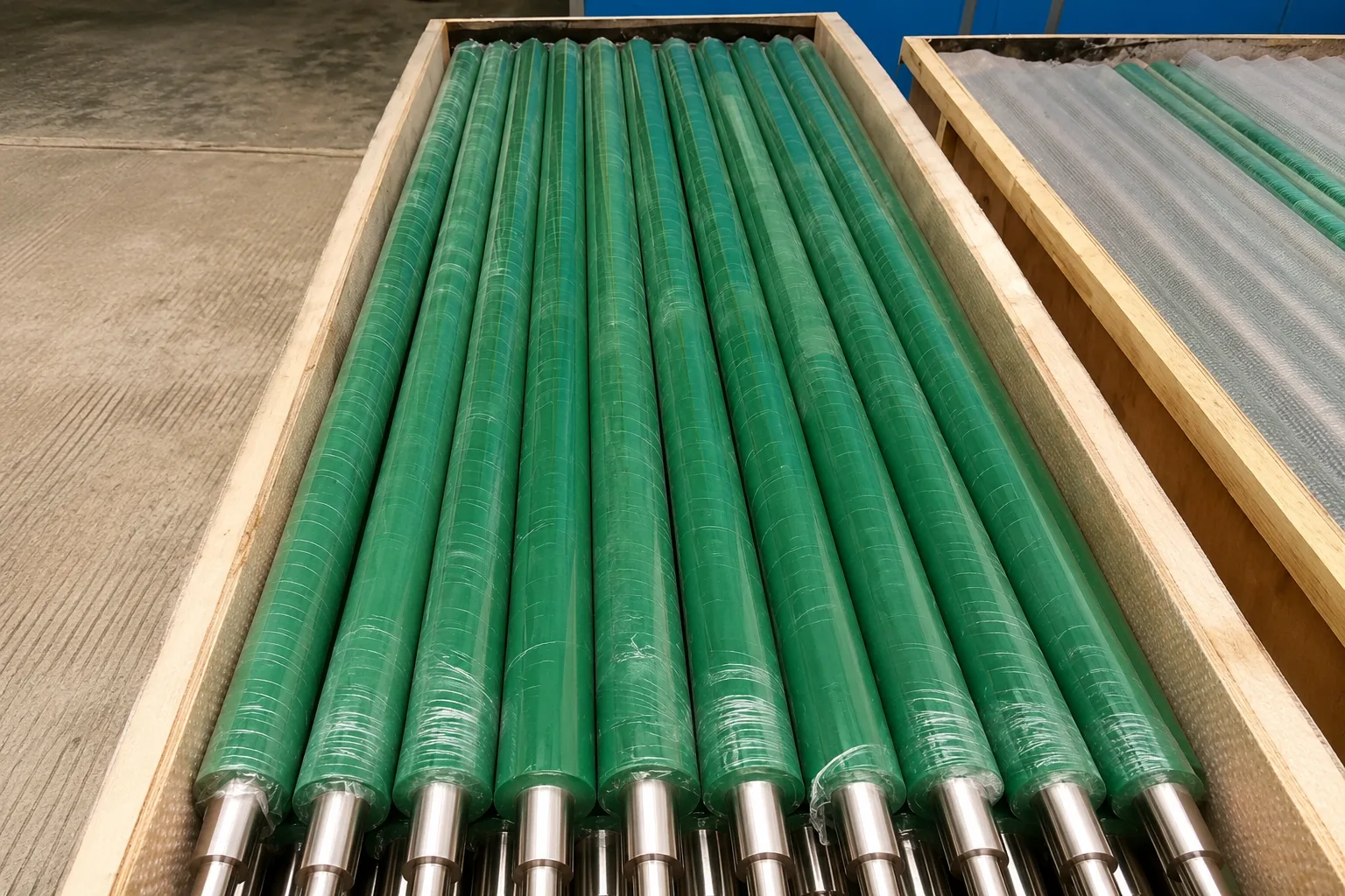 Rubber covered rollers secured for delivery