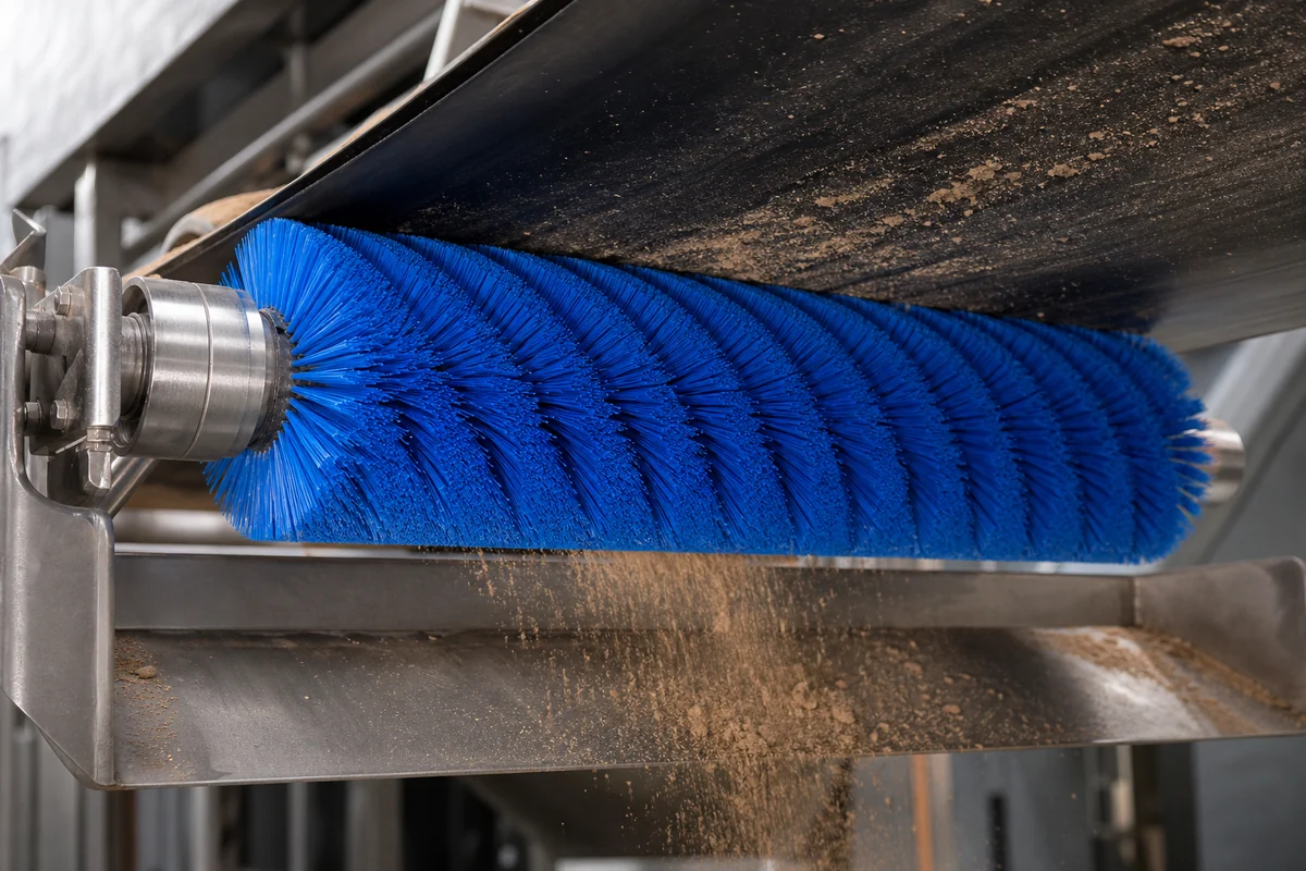 Spiral roller brush used for conveyor cleaning and continuous debris removal on line equipment