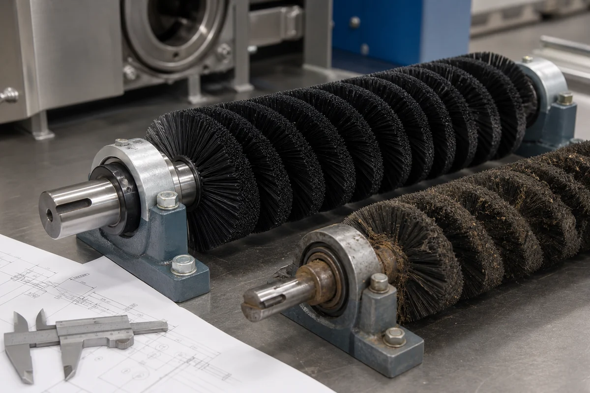 New spiral brush roller matched to an existing shaft and mounting layout for OEM retrofit
