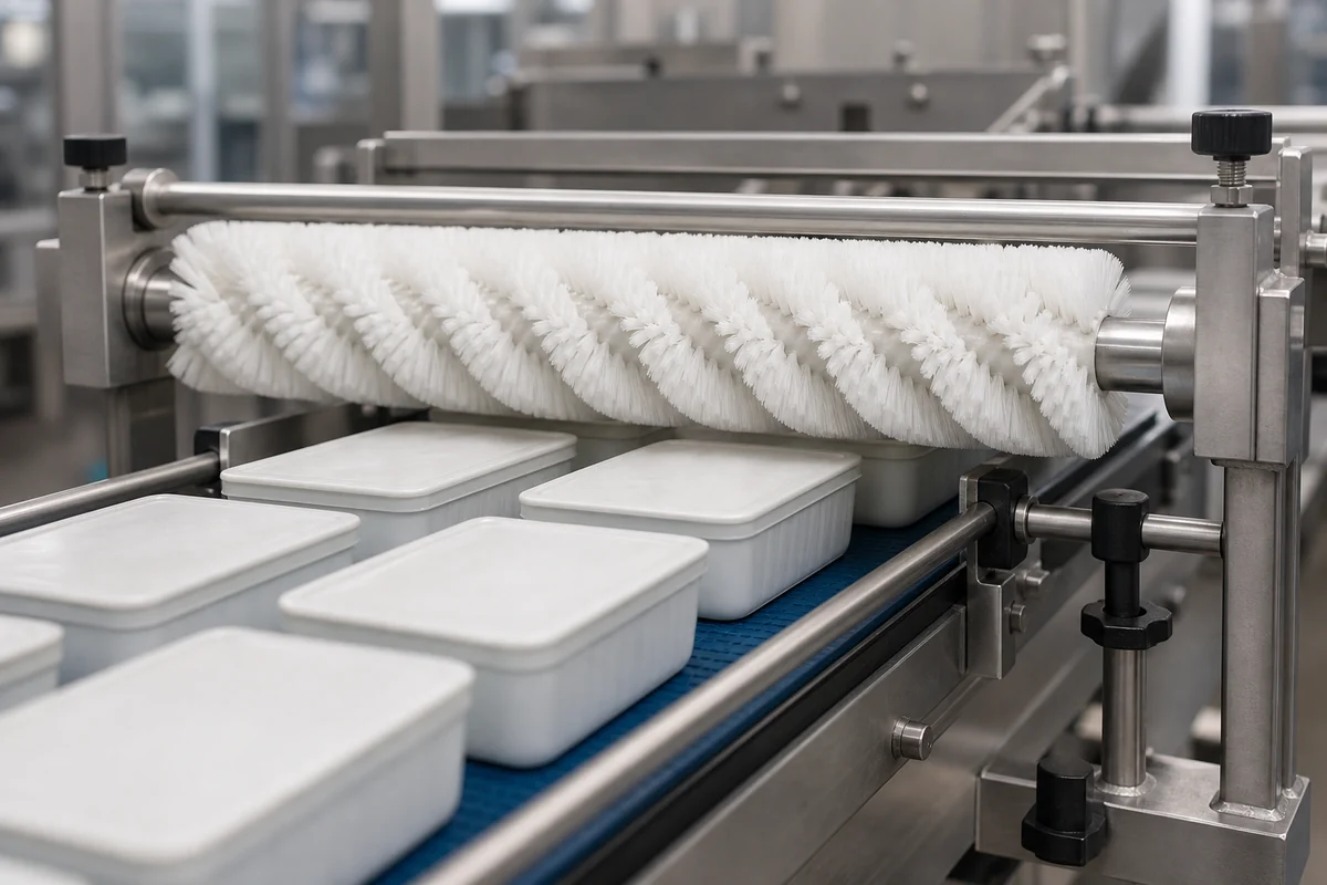 White spiral roller brush lightly guiding and holding down products on a conveyor