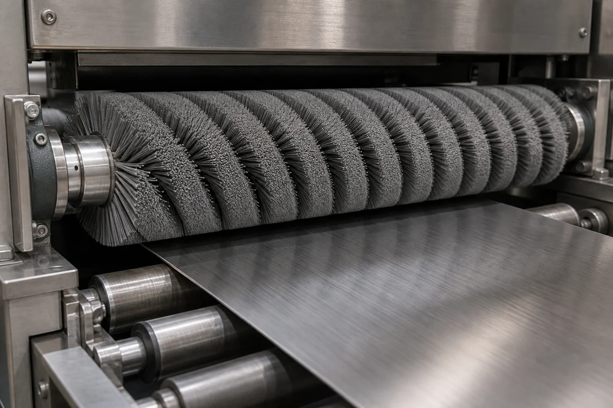 Gray spiral roller brush applying controlled surface treatment on industrial process equipment