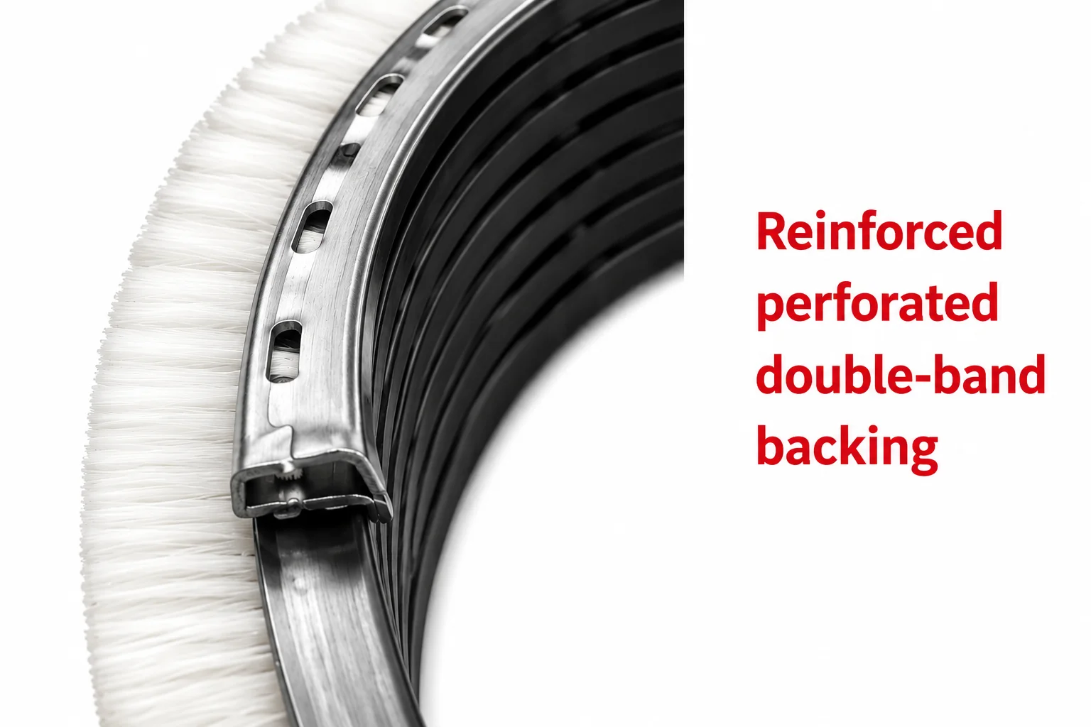 Reinforced perforated double-band backing for a spiral brush