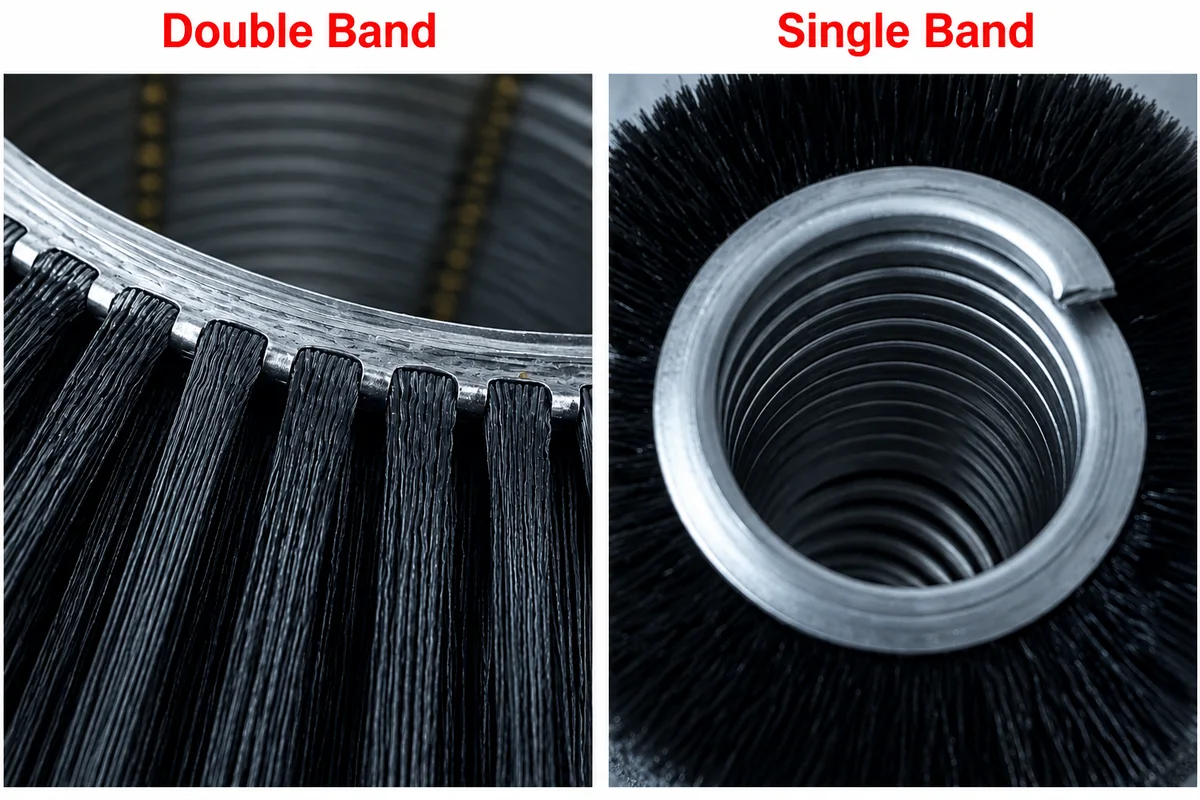 Single-band and double-band spiral brush constructions with different backing arrangements