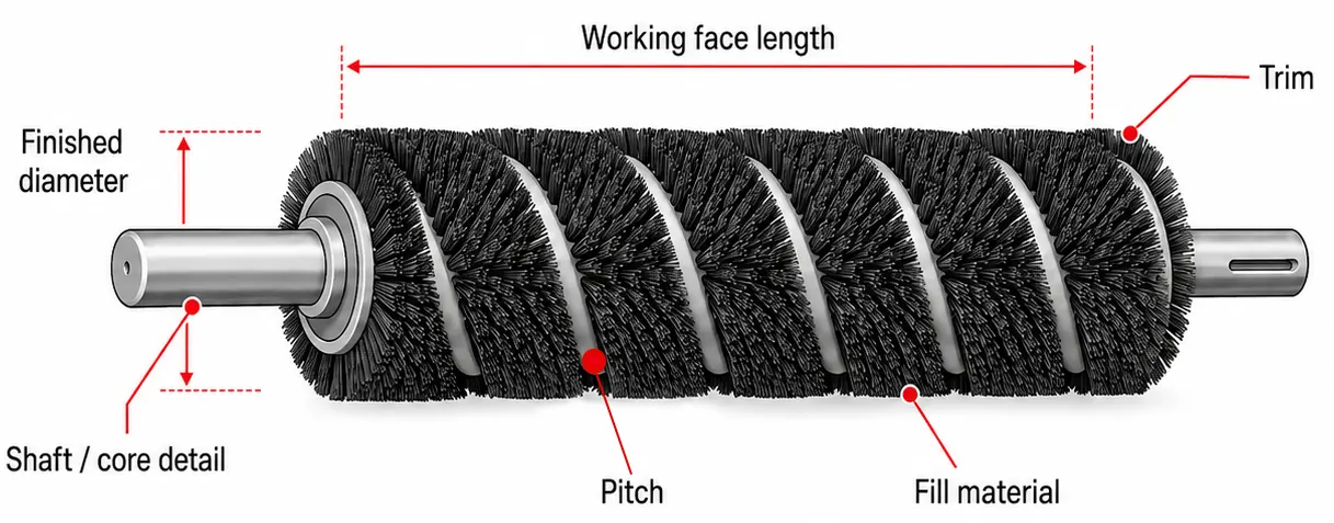 Spiral brush build-to-order guide showing finished diameter, working face length, shaft core detail, pitch, trim, and fill material