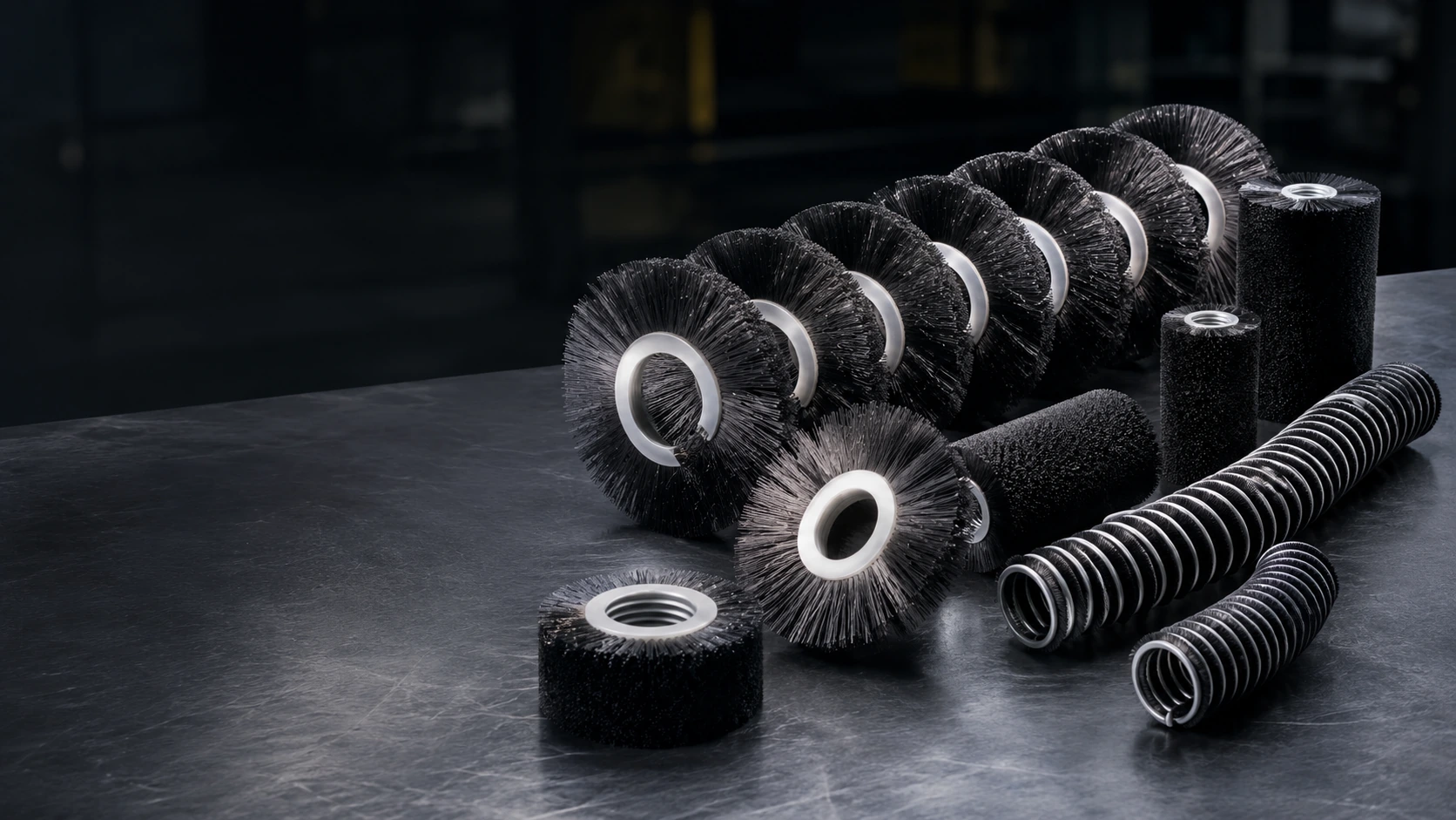Custom spiral brushes and coil brush assemblies arranged for OEM and replacement industrial use
