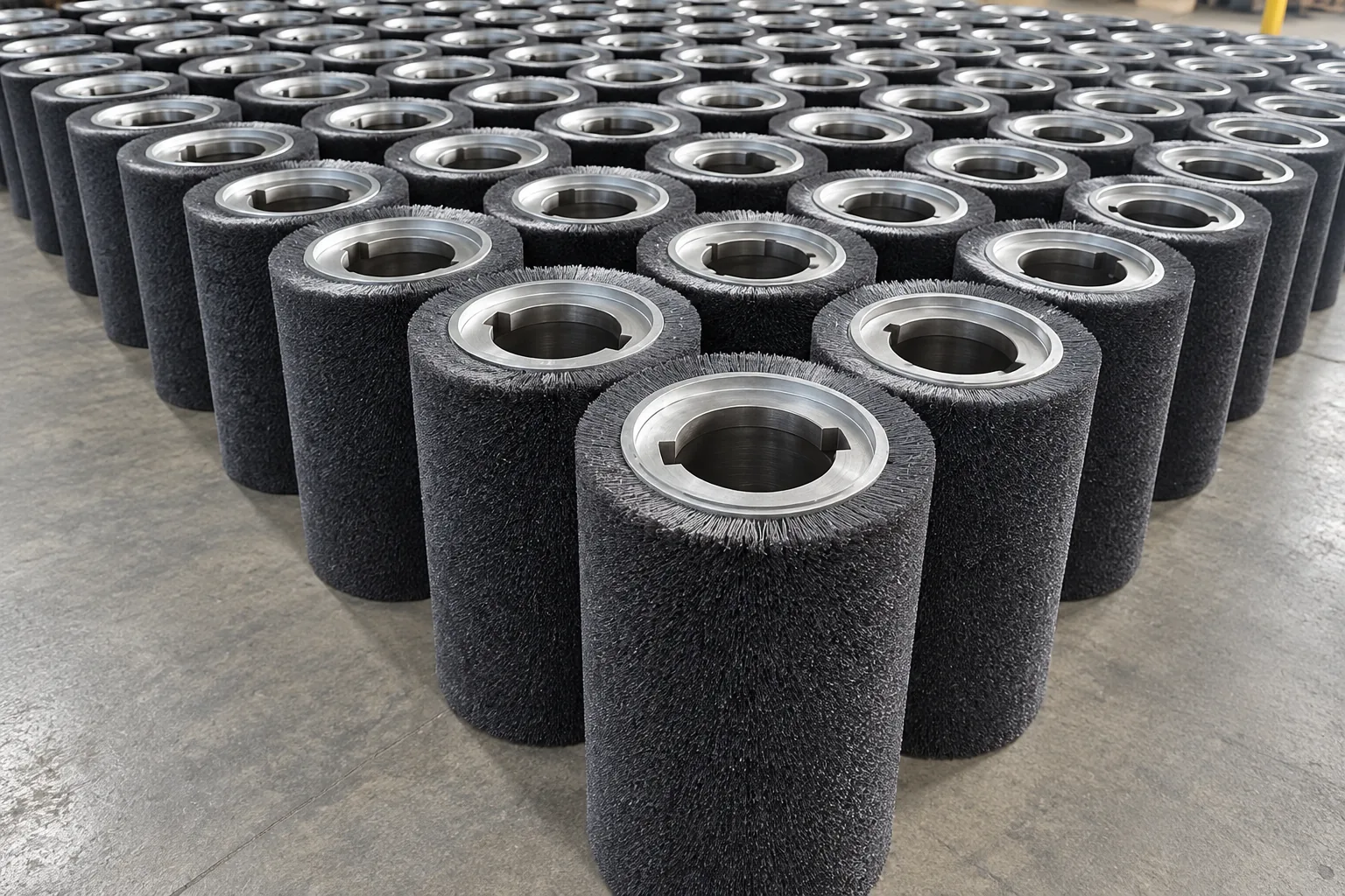 Bulk production of silicon carbide abrasive nylon roller brushes with machined metal bores