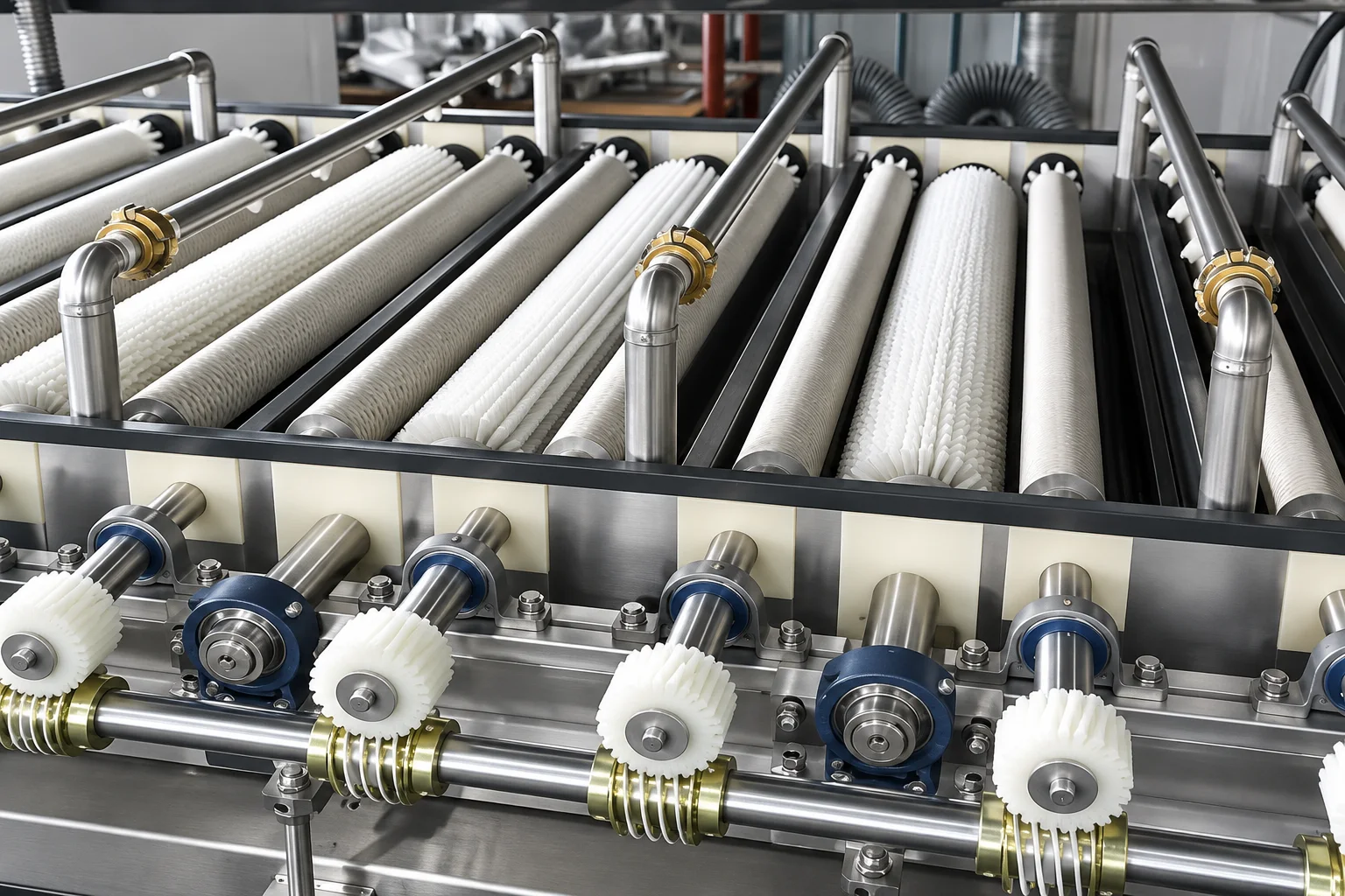 Spiral roller brushes washing glass sheets on an industrial processing line