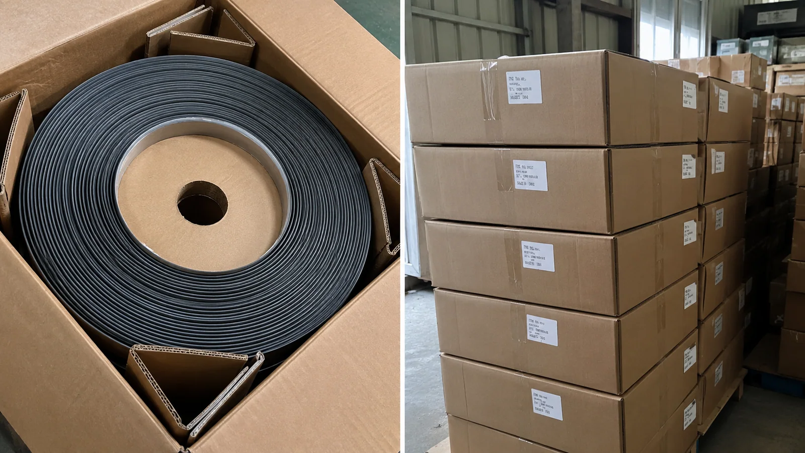 Flexible strip brushes secured in protective coil packaging