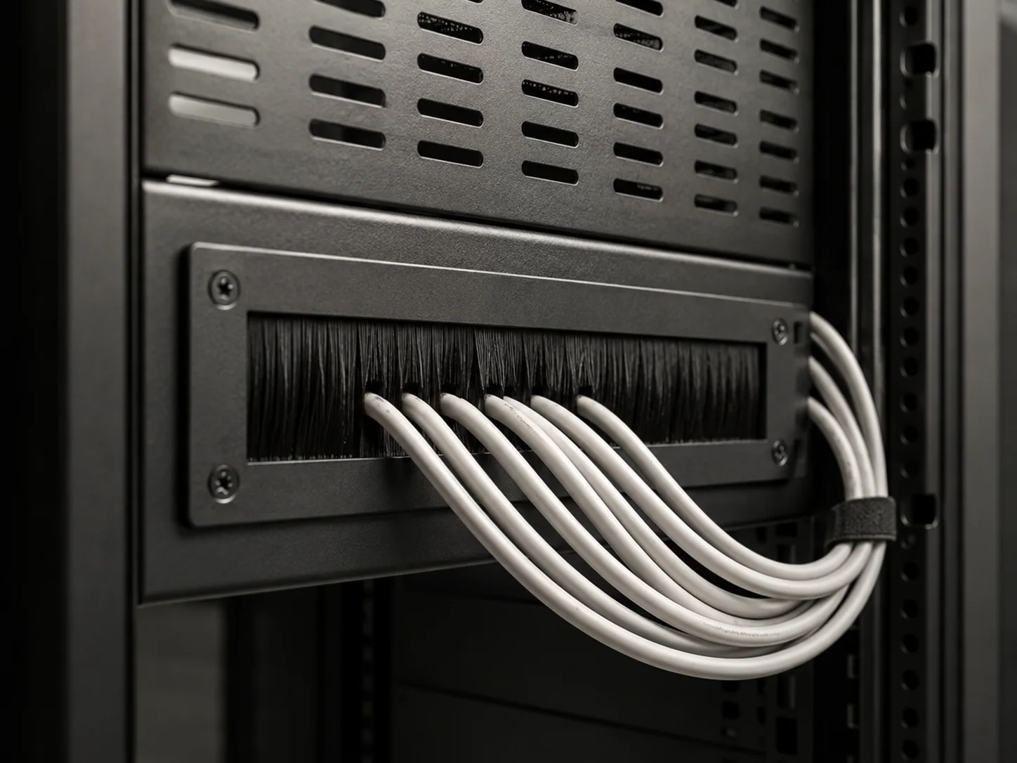 Flexible strip brush sealing a cabinet or cable pass-through opening