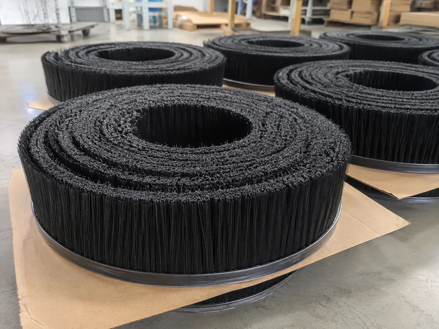 Flexible strip brush rolls packed for shipment