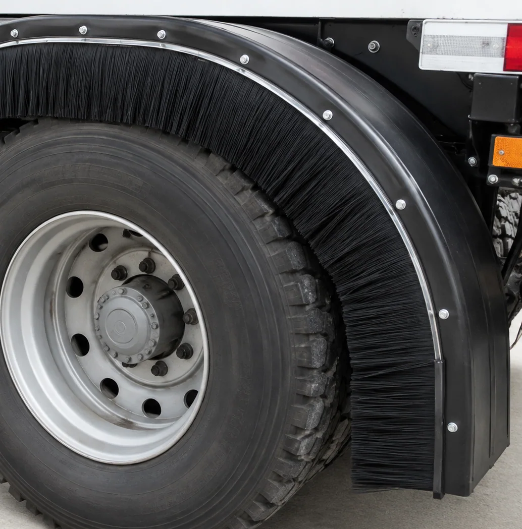 Flexible strip brush fitted to a truck mudguard for road spray suppression